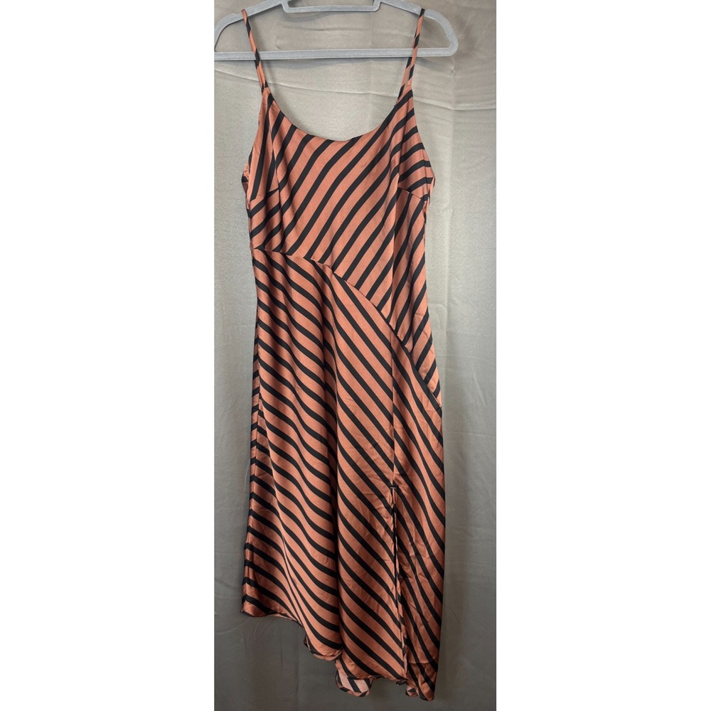 A New Day Asymmetrical Silky Satin Striped Strappy Midi Slip Dress Rust Large